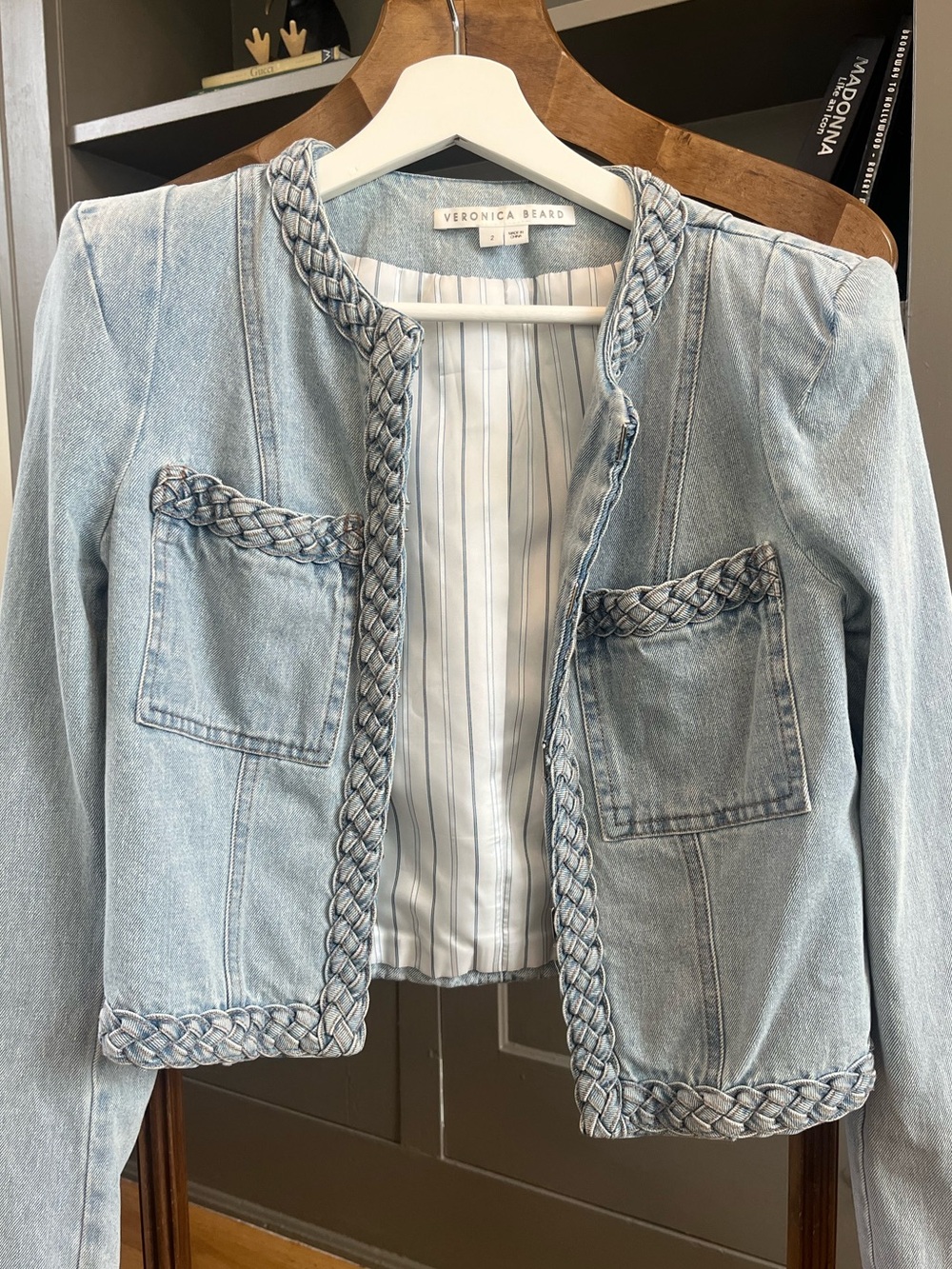 Veronica Beard Arrow Cropped Light Blue Braided-Trim Denim Jacket